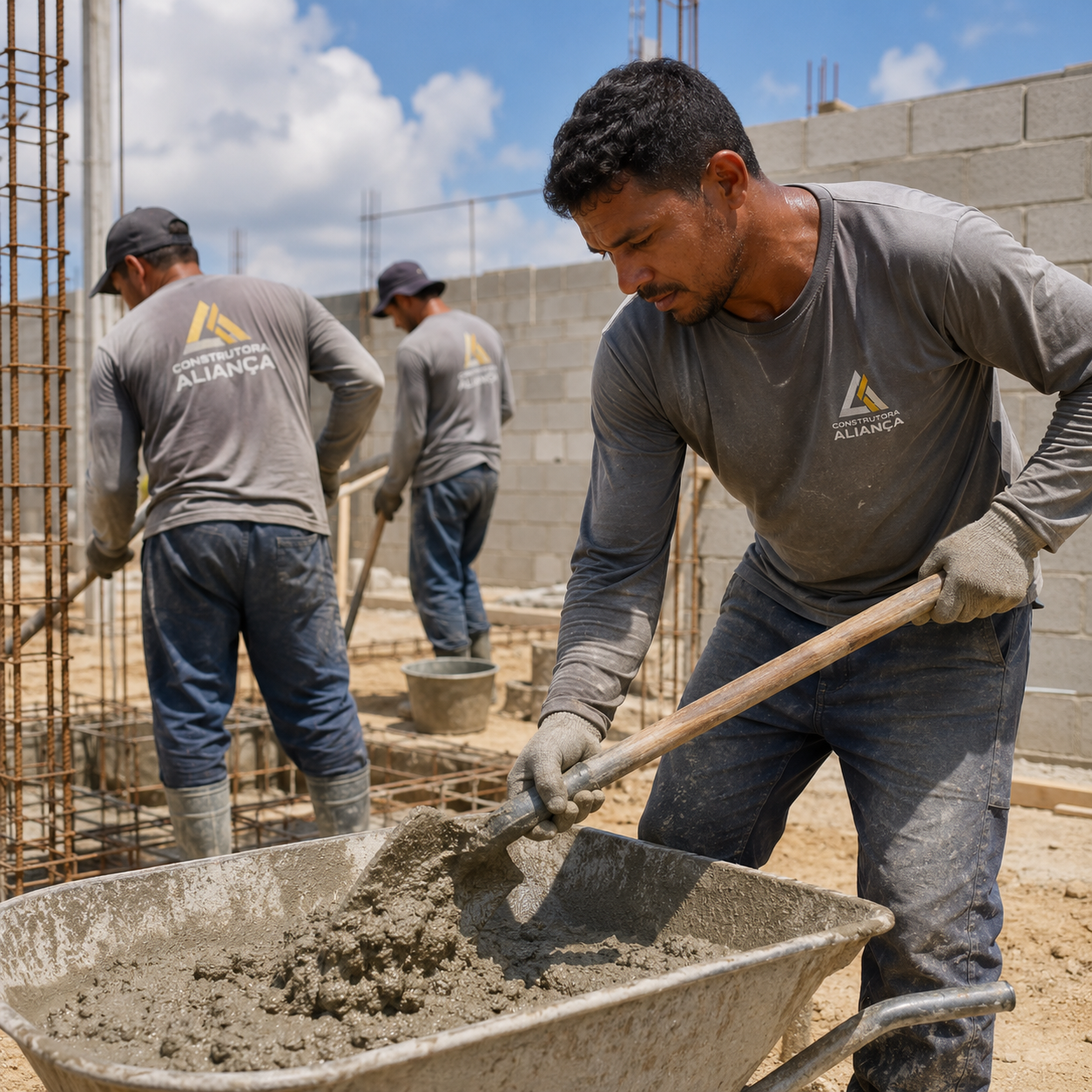 Equipe da construção civil usando uniforme em obra