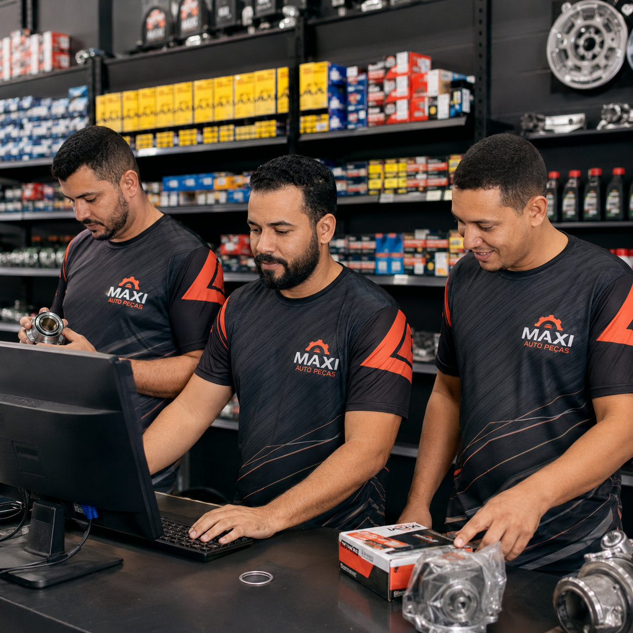 Equipe de empresa usando uniforme sublimado no atendimento